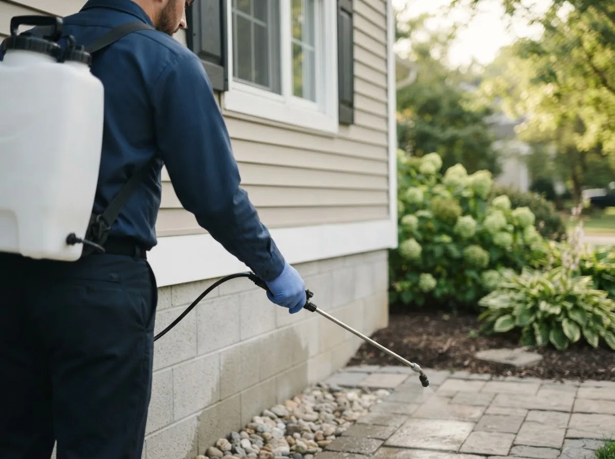Pest control technician inspecting a home in Dade City, FL